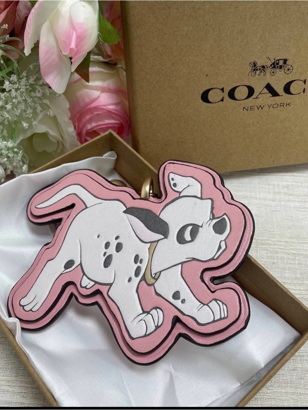 Coach x Disney Dalmatian Leather Charm Keyring w Gold Hardware NWT w box & Dusty